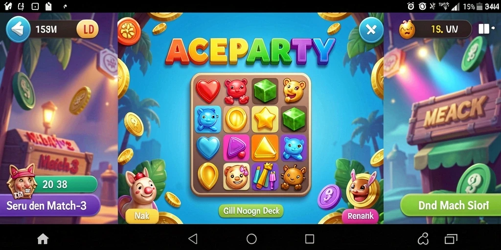 Tampilan gameplay ACEPARTY yang seru dengan aksi match-3 penuh warna.