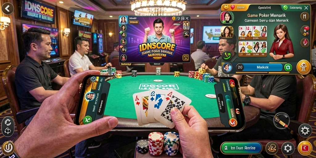 Tampilan gameplay menarik dari IDNSCORE dengan suasana Poker yang mendebarkan.