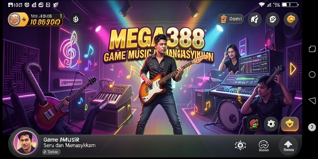 Tampilan layar utama MEGA388 dengan permainan musik yang seru.