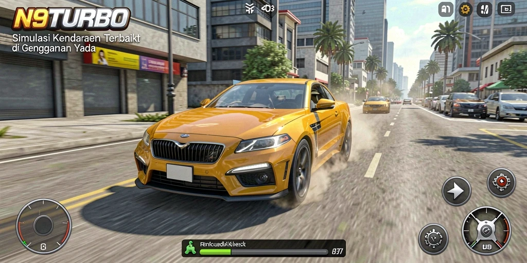 Tangkapan layar utama N9TURBO menampilkan aksi balapan mendebarkan.