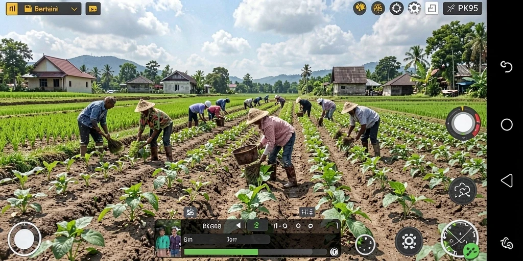 Tampilan gameplay PK95 yang menampilkan keseruan bertani.