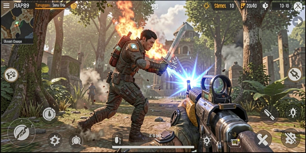 Screenshot gameplay RAP89 menampilkan aksi pertempuran yang intens.