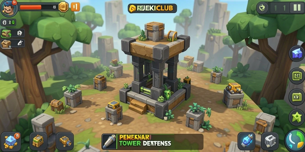 Gameplay REJEKICLUB menampilkan pertarungan Tower Defense yang seru.